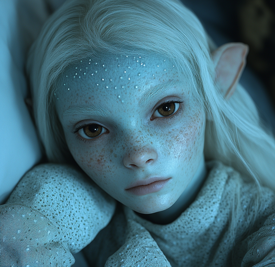 Bedtime Portrait of Blue Alien with White Hair