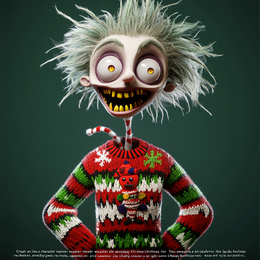 Beetlejuice in colorful Christmas sweater, mischievous expression