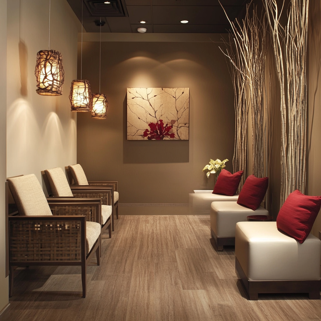 Beige Greyish Clinic with Dark Red Accents and Wood