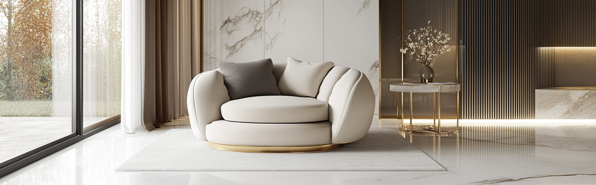 Beige armchair with white and gold interior, luxurious look.