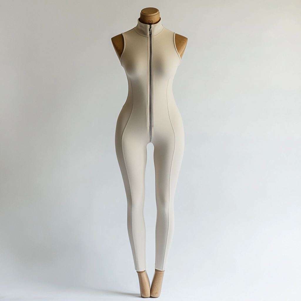 Beige jumpsuit with zipper on mannequin