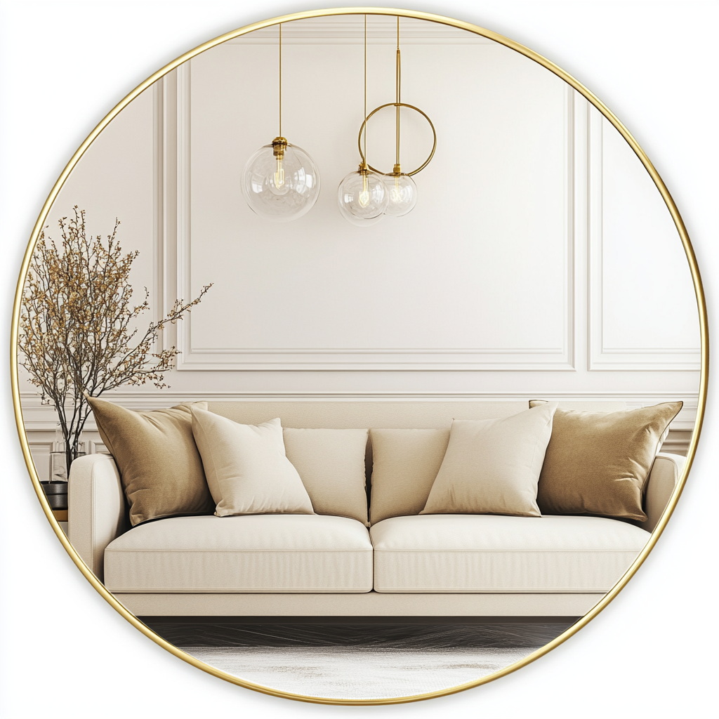 Beige sofa in modern bedroom with circular frame.