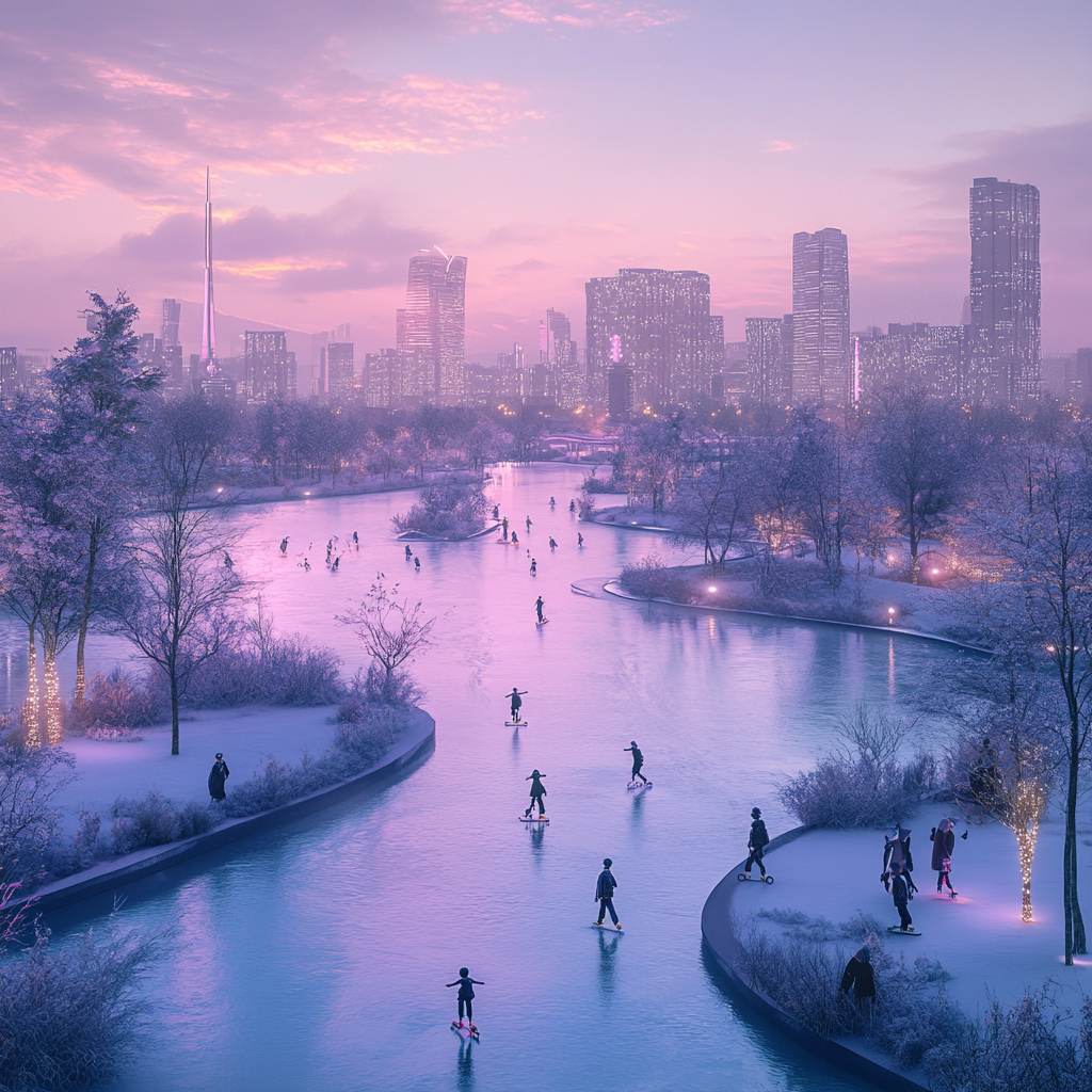 Beijing 7000s Future City: 3D Rendering, People, Skating Children