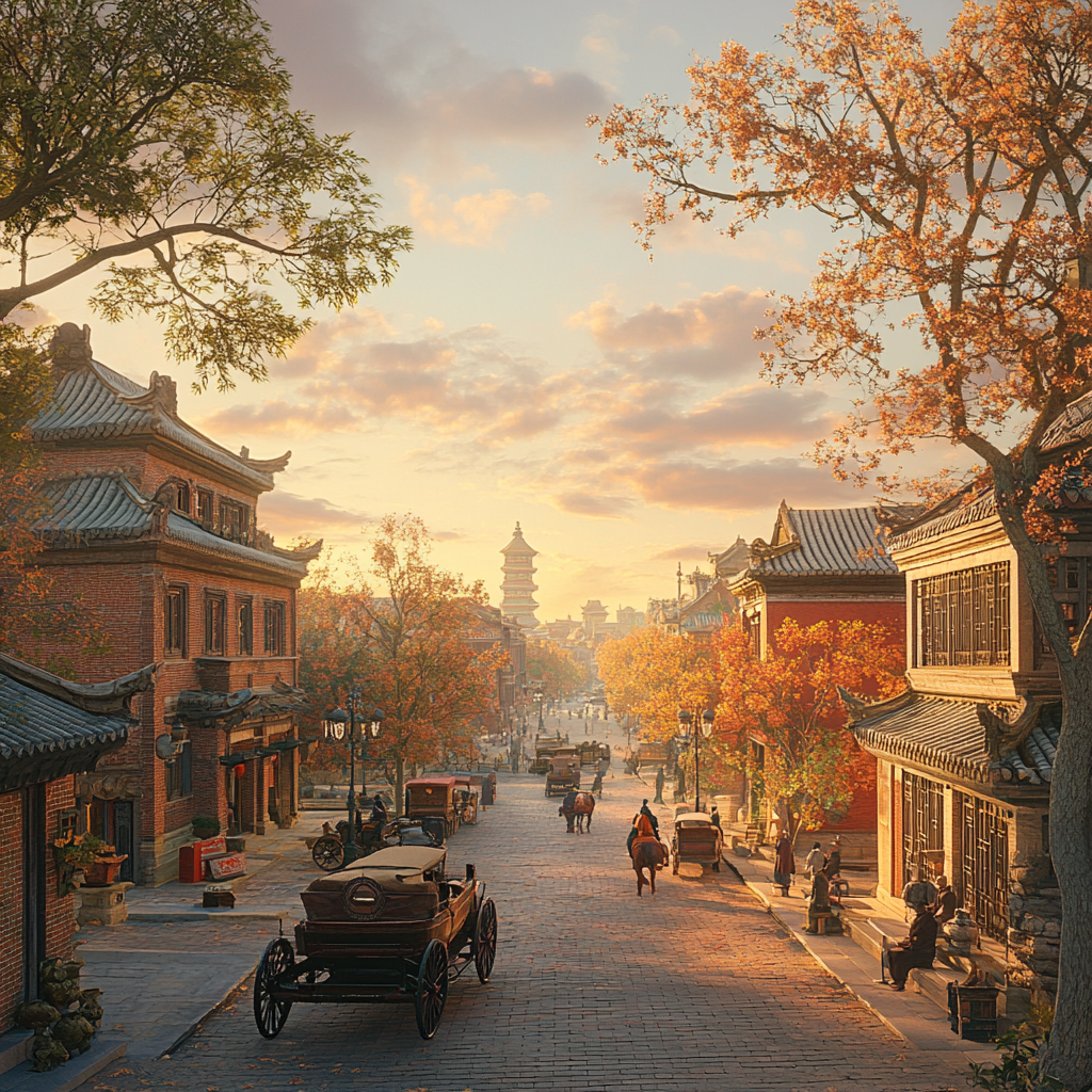 Beijing City 1900s 3D Render Tower Sunrise View