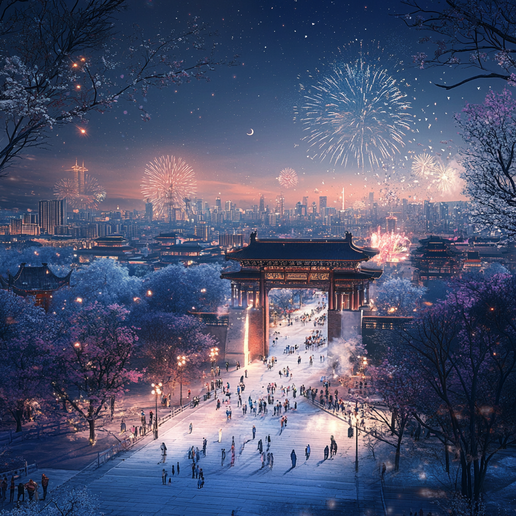 Beijing City View 3D Render with City Lights, Trees, Chinese People, Night Sky