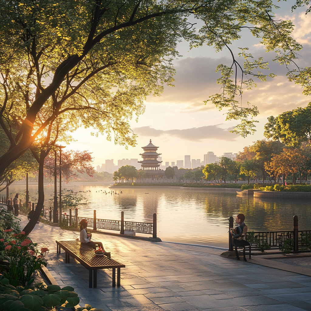 Beijing City View in 2024: Fascinating 3D Render with People and Sunset