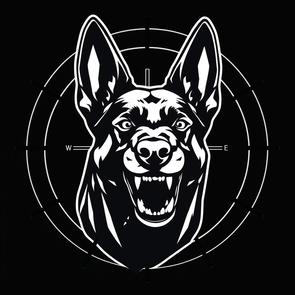 Belgian Malinois Head in Crosshairs, Black and White Logo