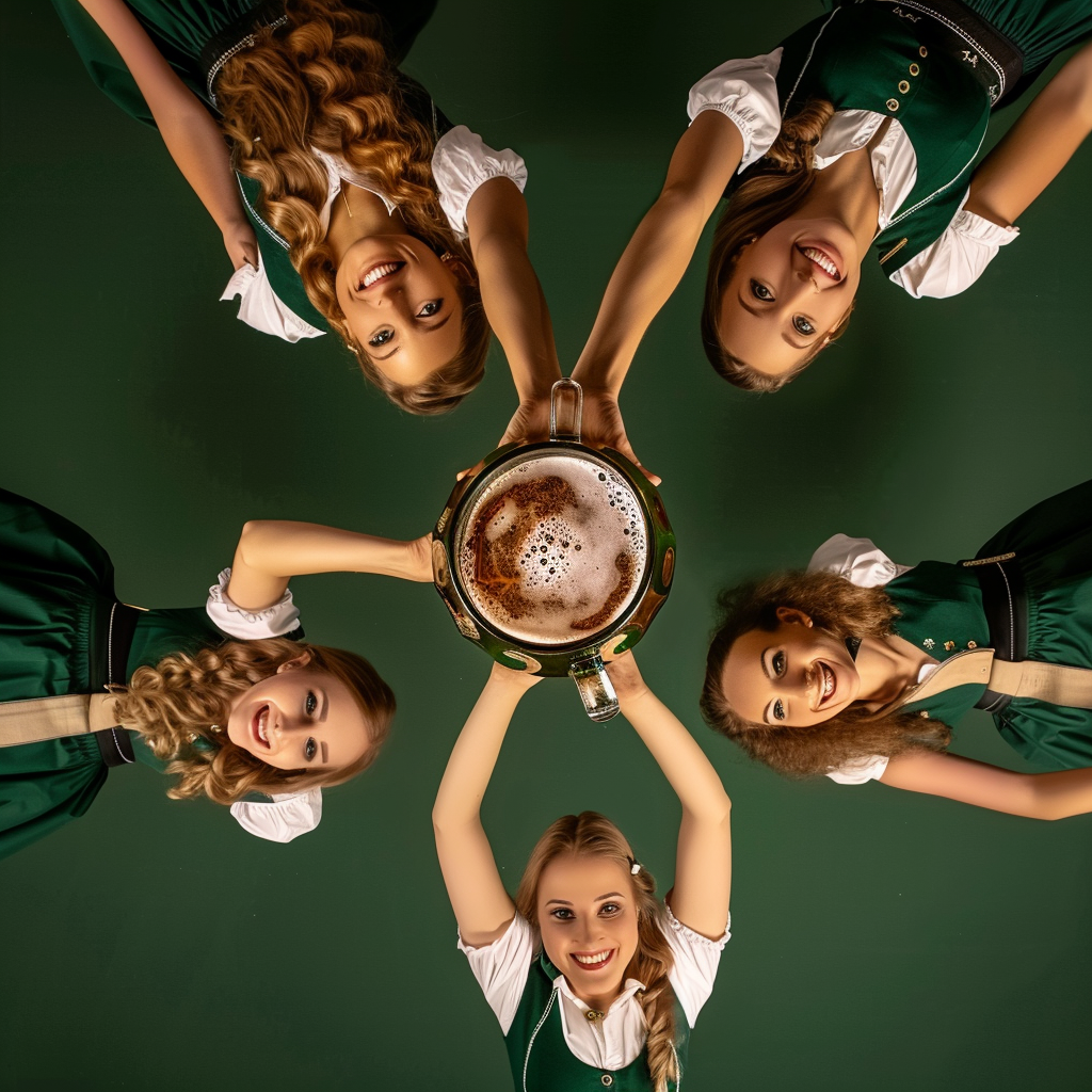 Below angle, five women in green dirndls Oktoberfest