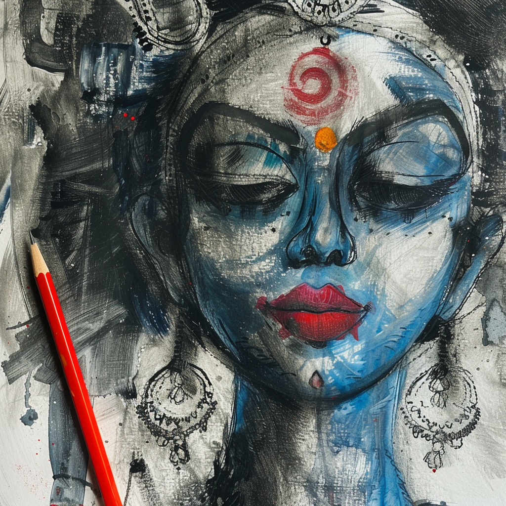 Bengali woman as blue skinned Goddess Kali sketch.