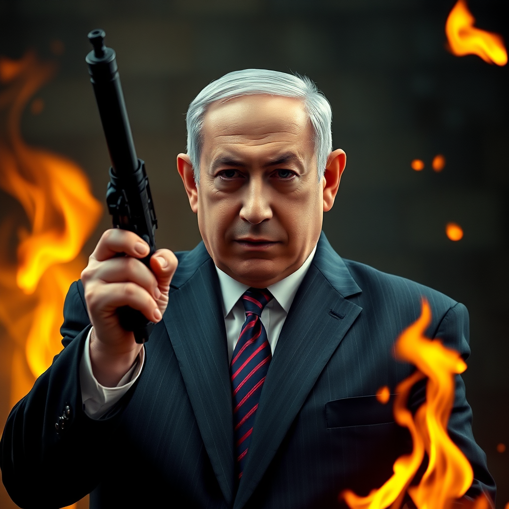 Benjamin Netanyahu holding gun near fiery background.