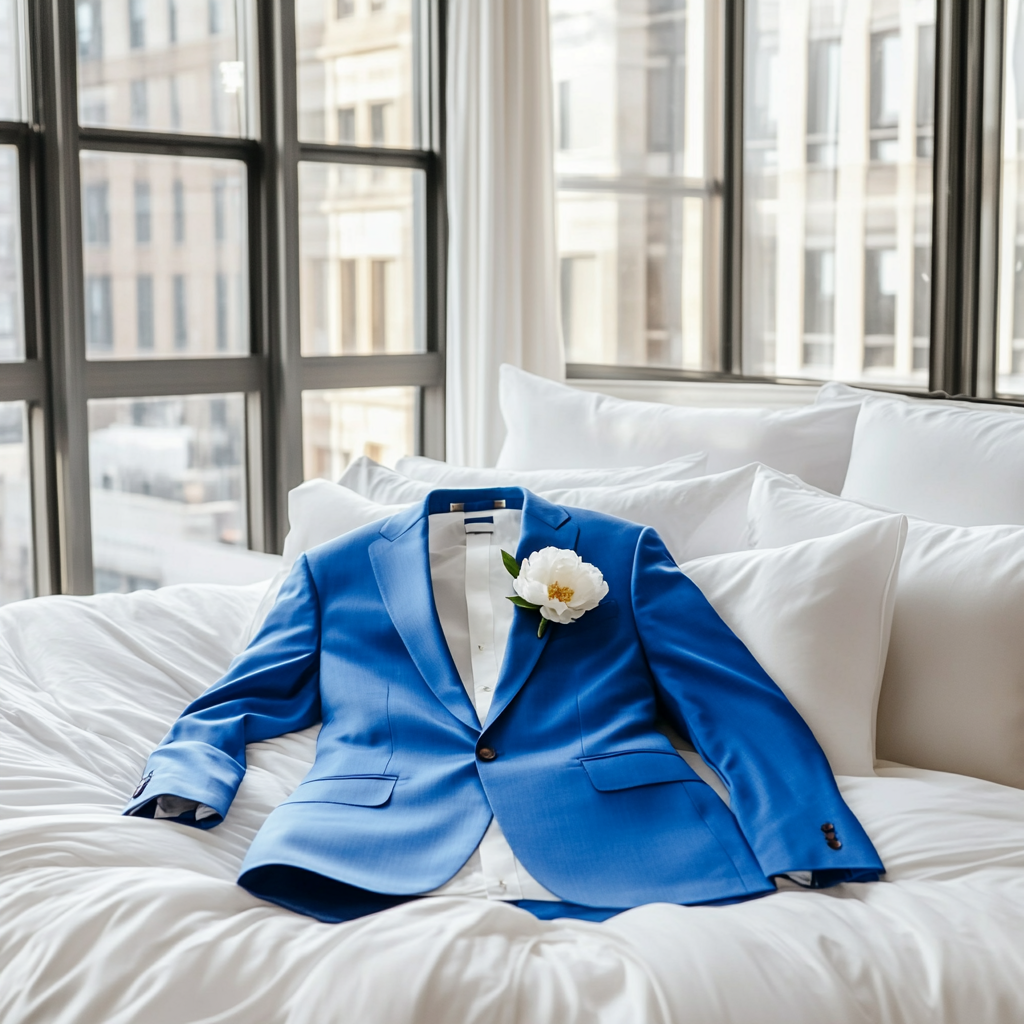 Bespoke bright blue men's suit on king size bed.