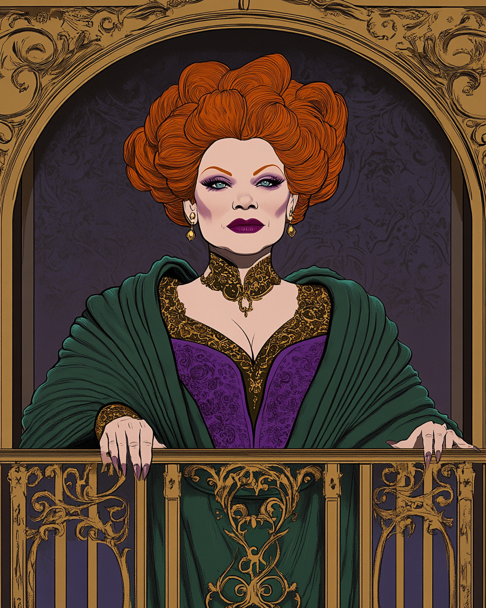 Bette Midler lookalike in Rococo style, spooky mansion.