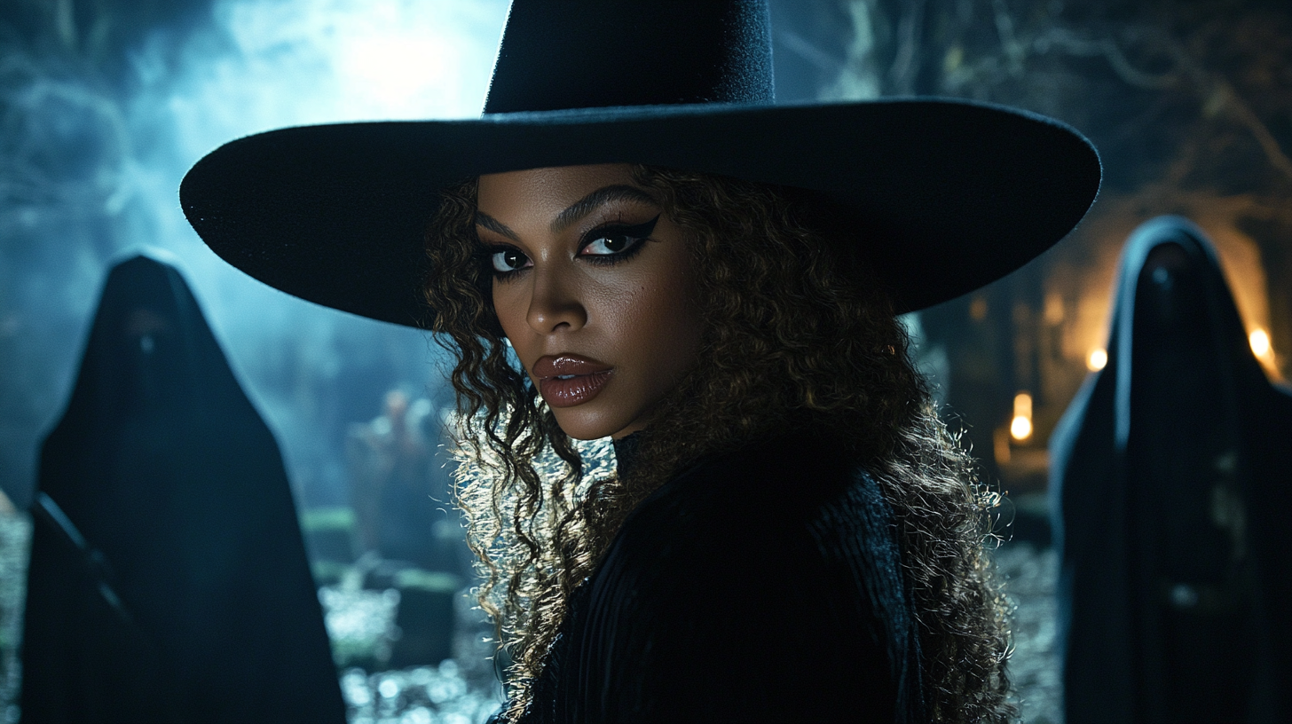 Beyoncé in hat and black outfit, snake eyes