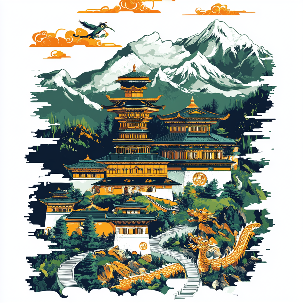 Bhutan Lucky Symbols T-shirt Design with Dragon