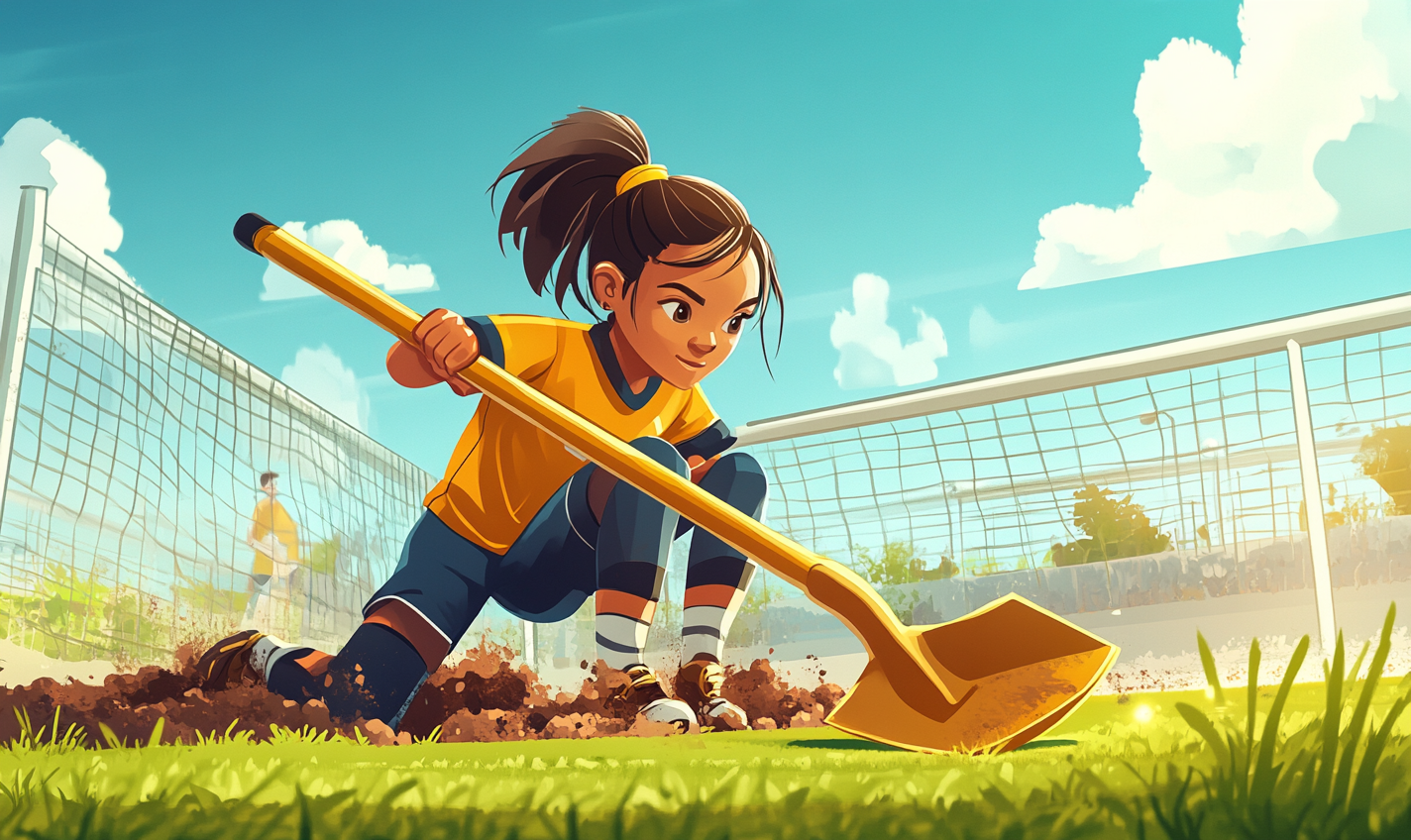 Bi-Racial Girl Guarding Soccer Goal Cartoon Art