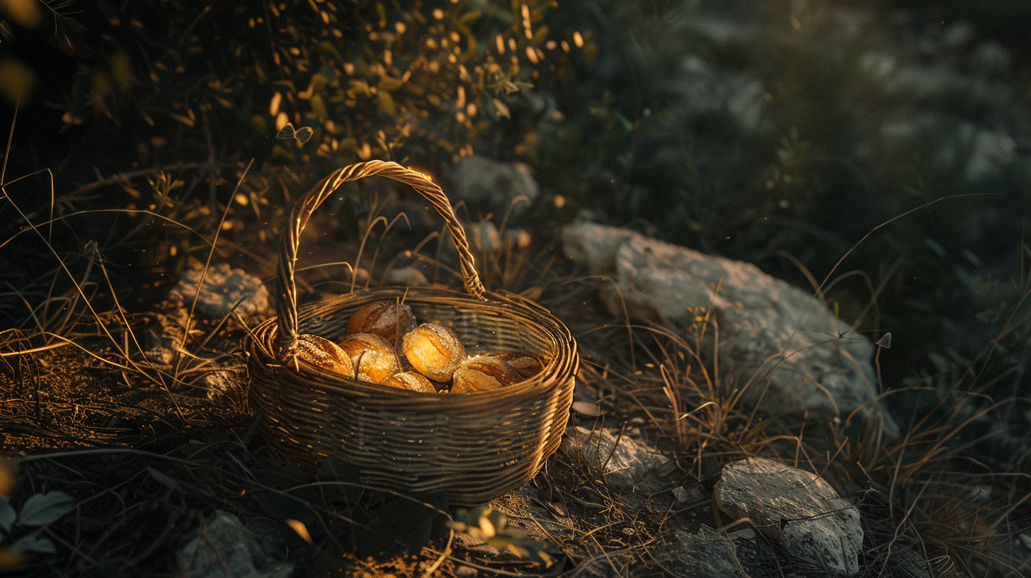 Biblical basket with fish and bread under cinematic lighting.