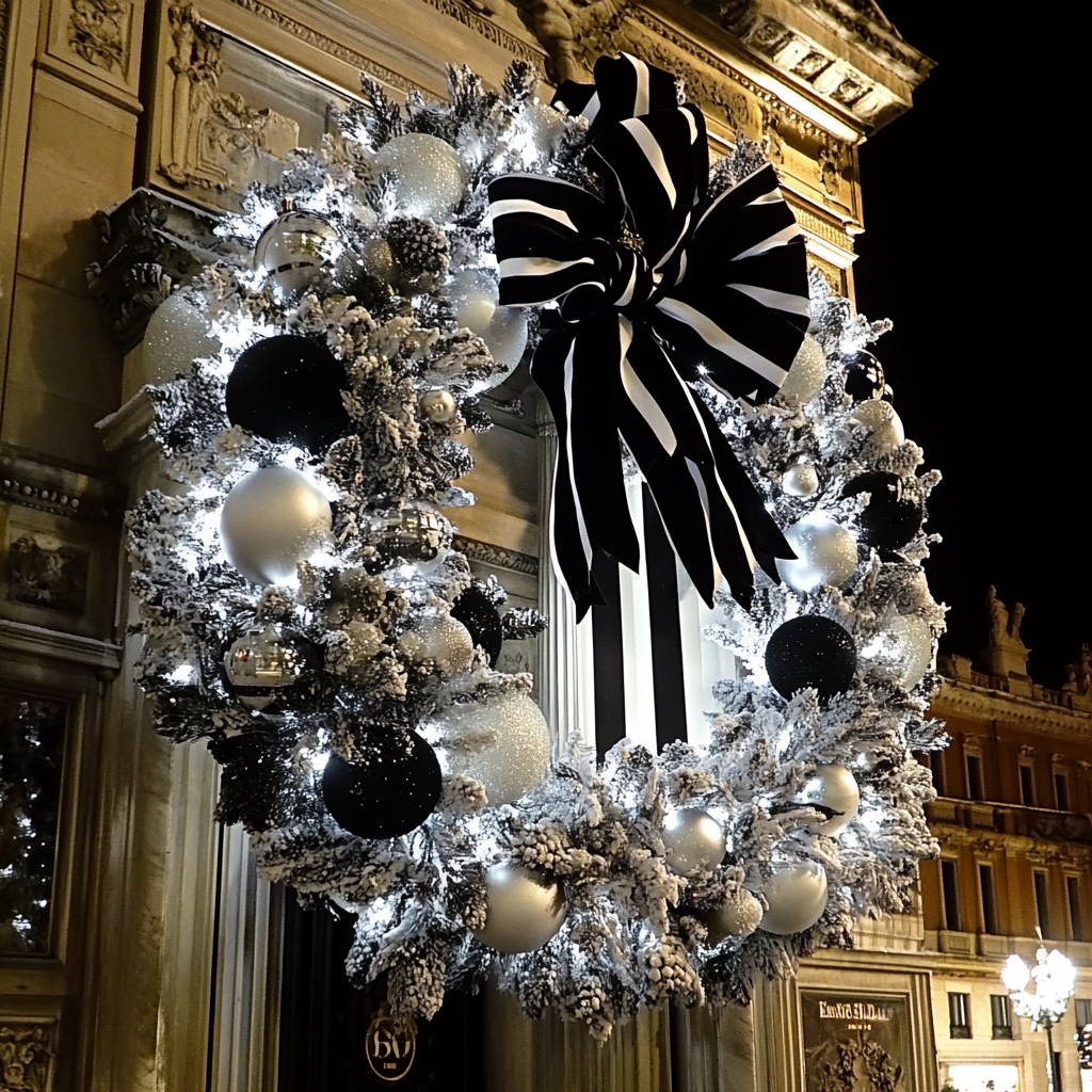 Big Christmas wreath with black and white decorations