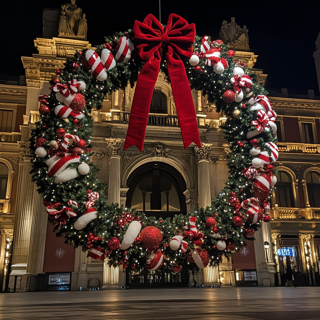 Big Christmas wreath with red white stripes