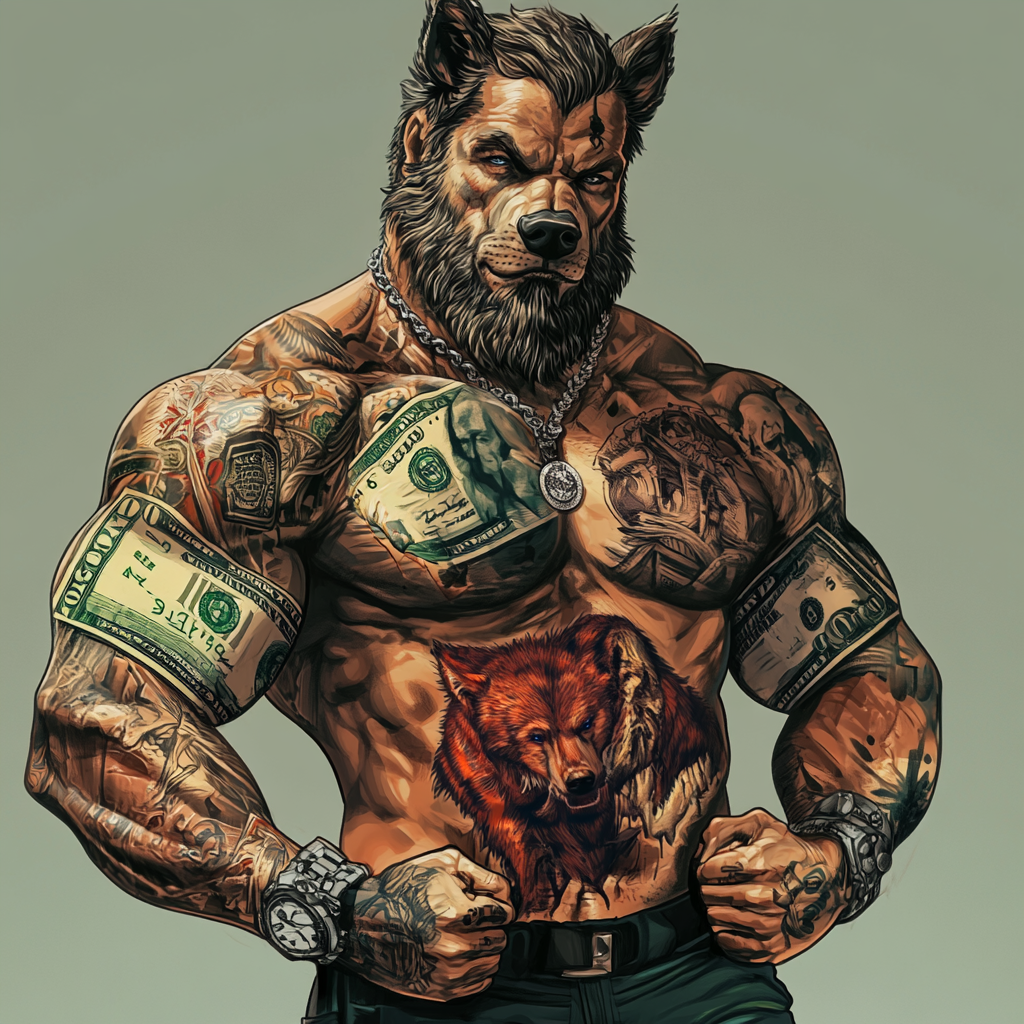 Big muscular wolf man with NYSE, Wall ST tattoos.