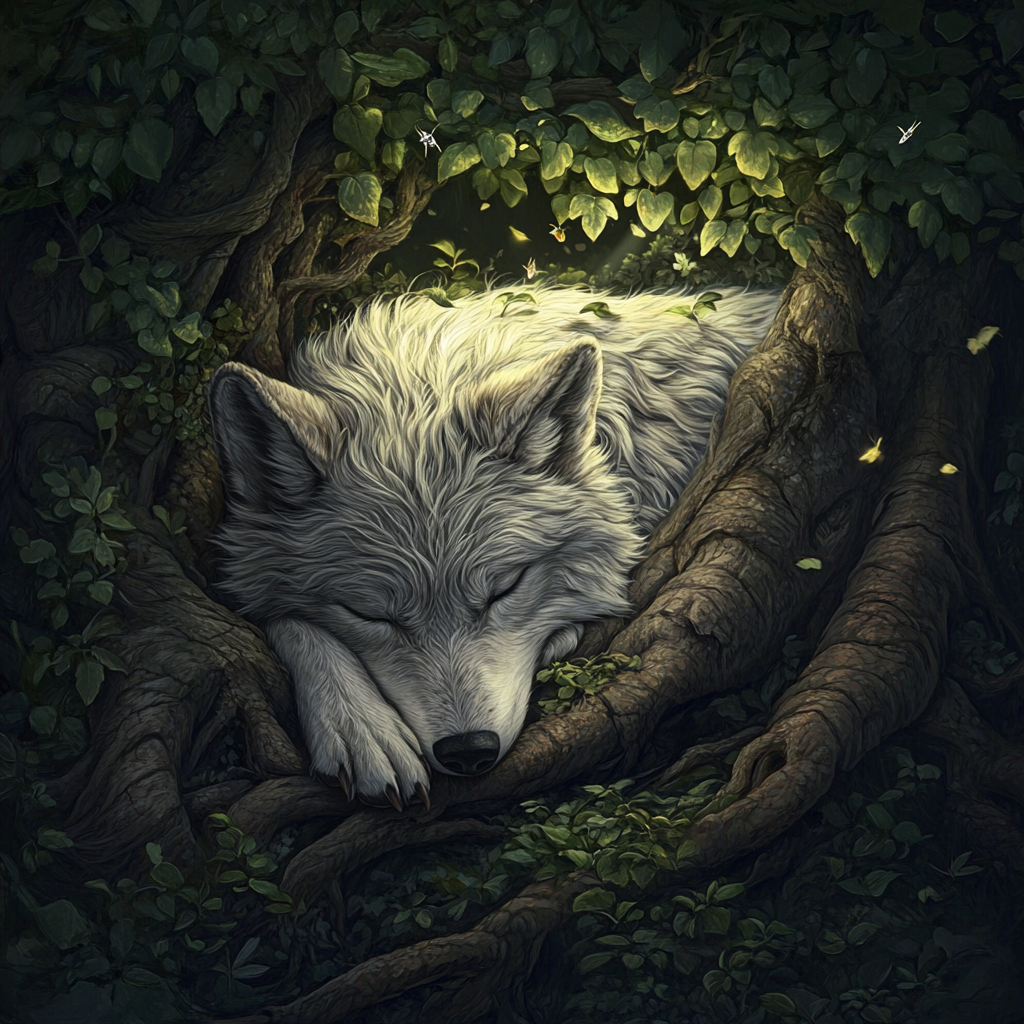 Big wolf sleeping under tree with bugs and leaves.