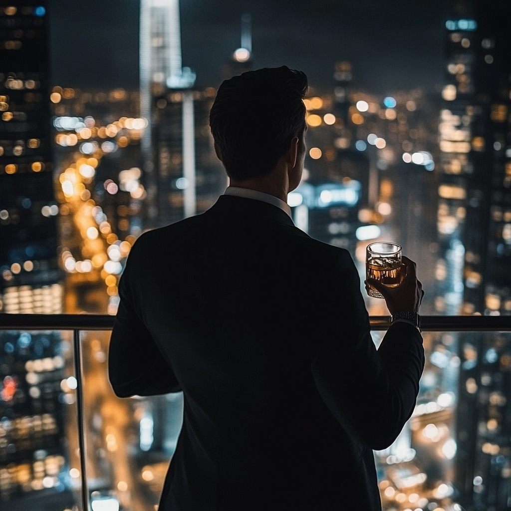 Billionaire CEO looks over city from skyscraper at night.