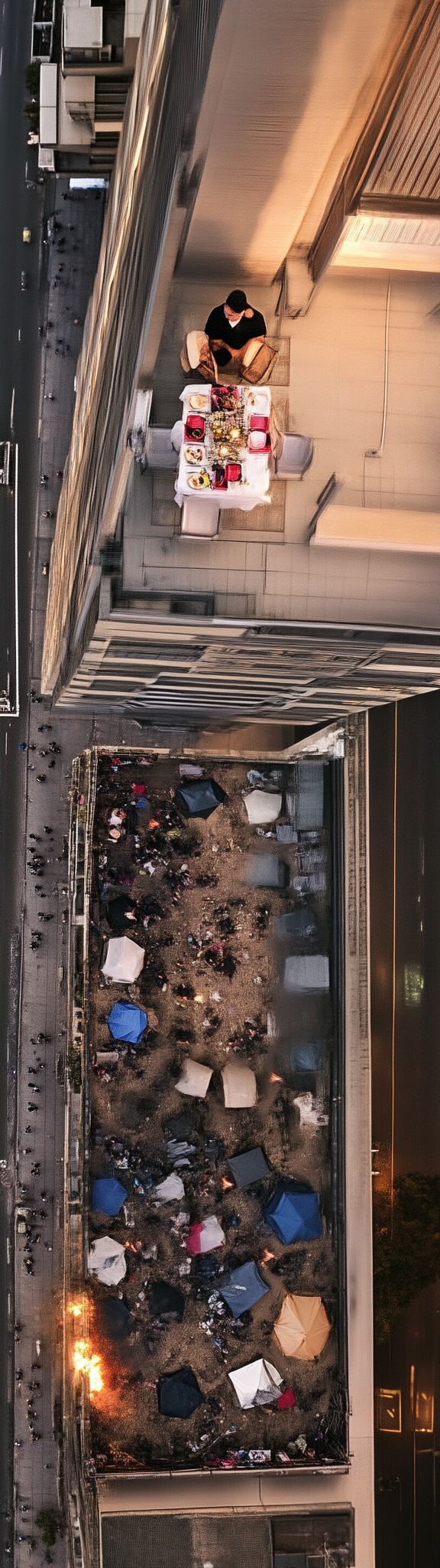 Billionaire couple dining on skyscraper terrace, city streets below.