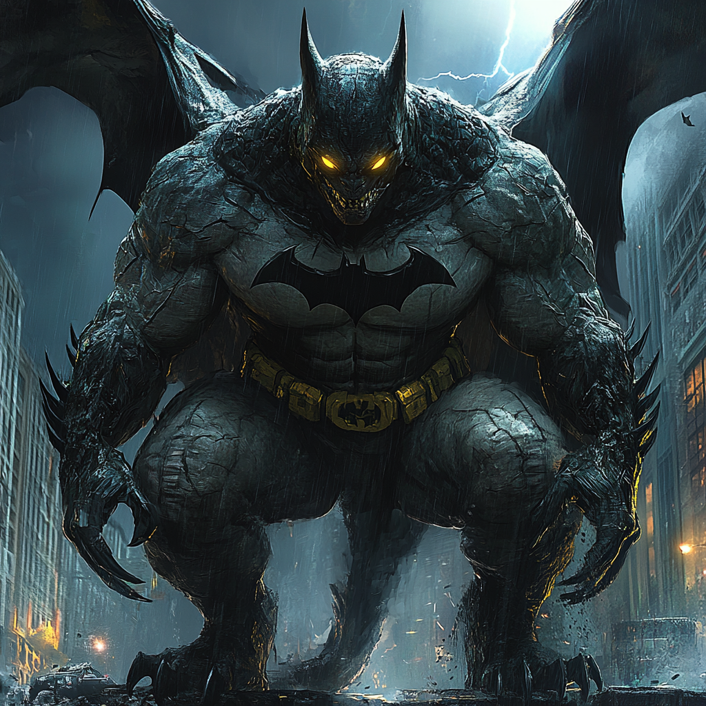 BioBatman-Godzilla with glowing eyes, wings, claws, scales. Dystopian Gotham.