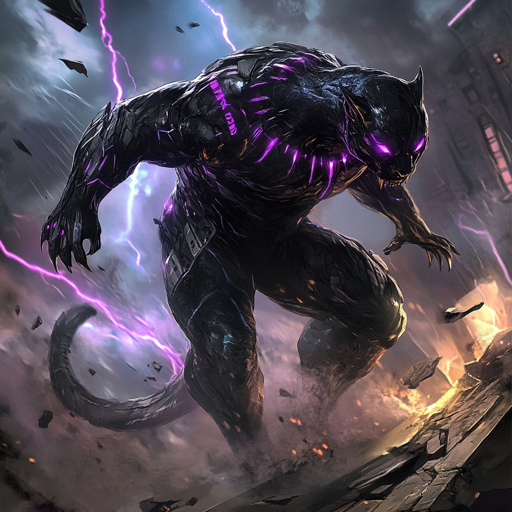 Biological fusion of Black Panther and Godzilla in dystopian Wakanda.