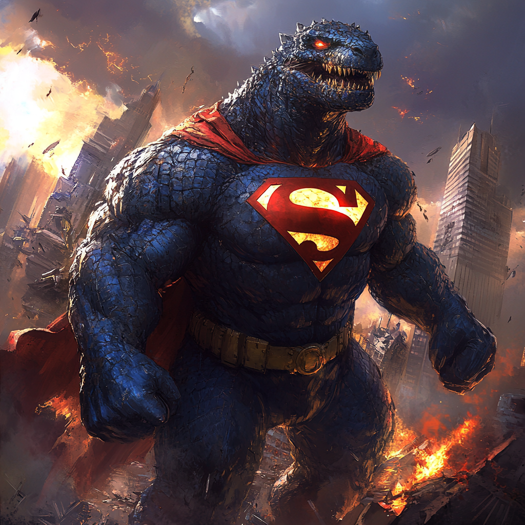 Biological fusion of Superman and Godzilla with blue scales.