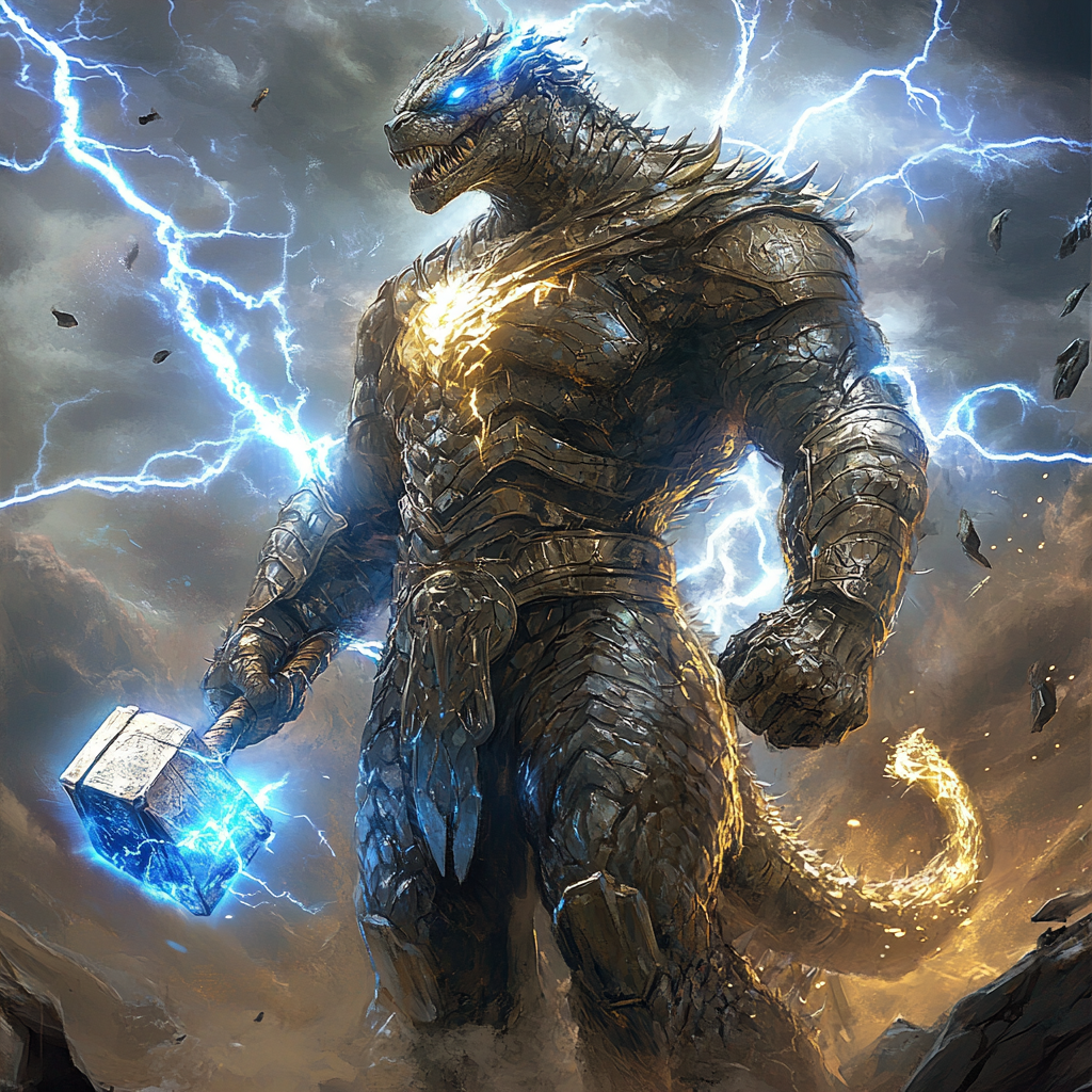 Biological fusion of Thor and Godzilla with enchanted hammer.