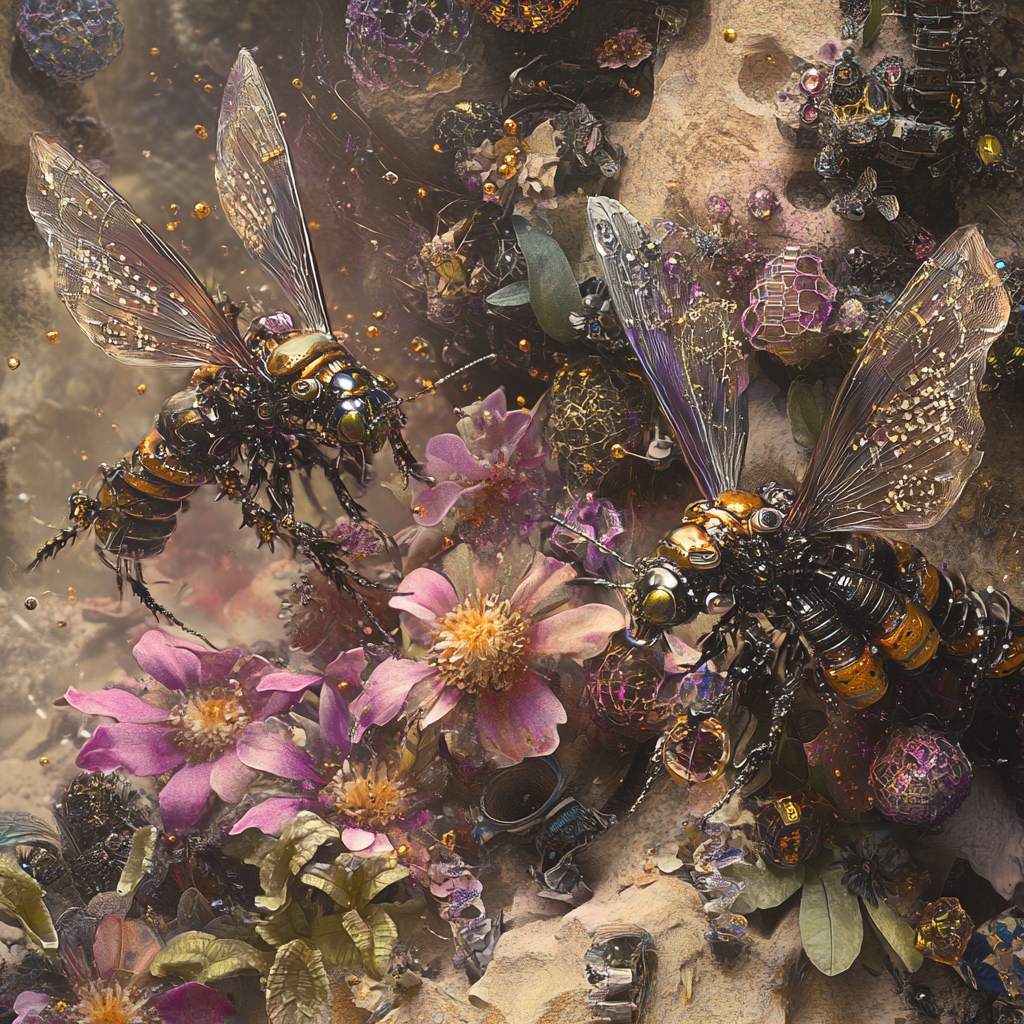 Biomechanical bees pollinate flowers among vibrant pollen particles.