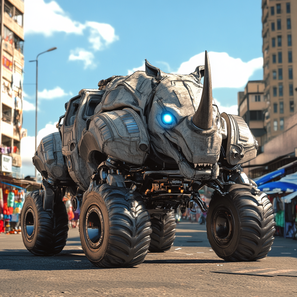 Bionic Rhino-Jeep Creature in Urban Nairobi Street