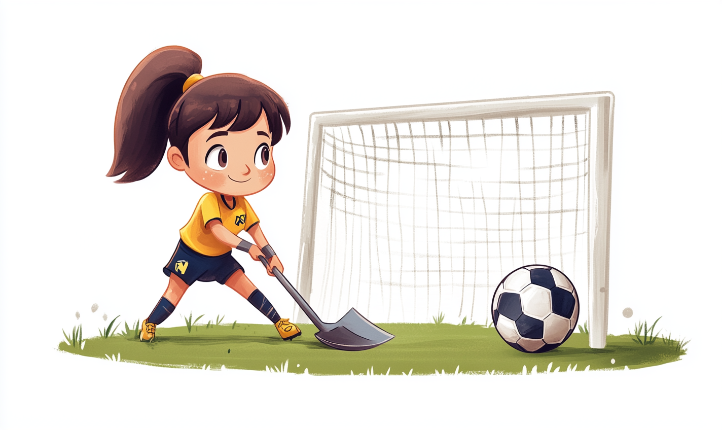 Biracial girl guards soccer goal with shovel, cartoon style 