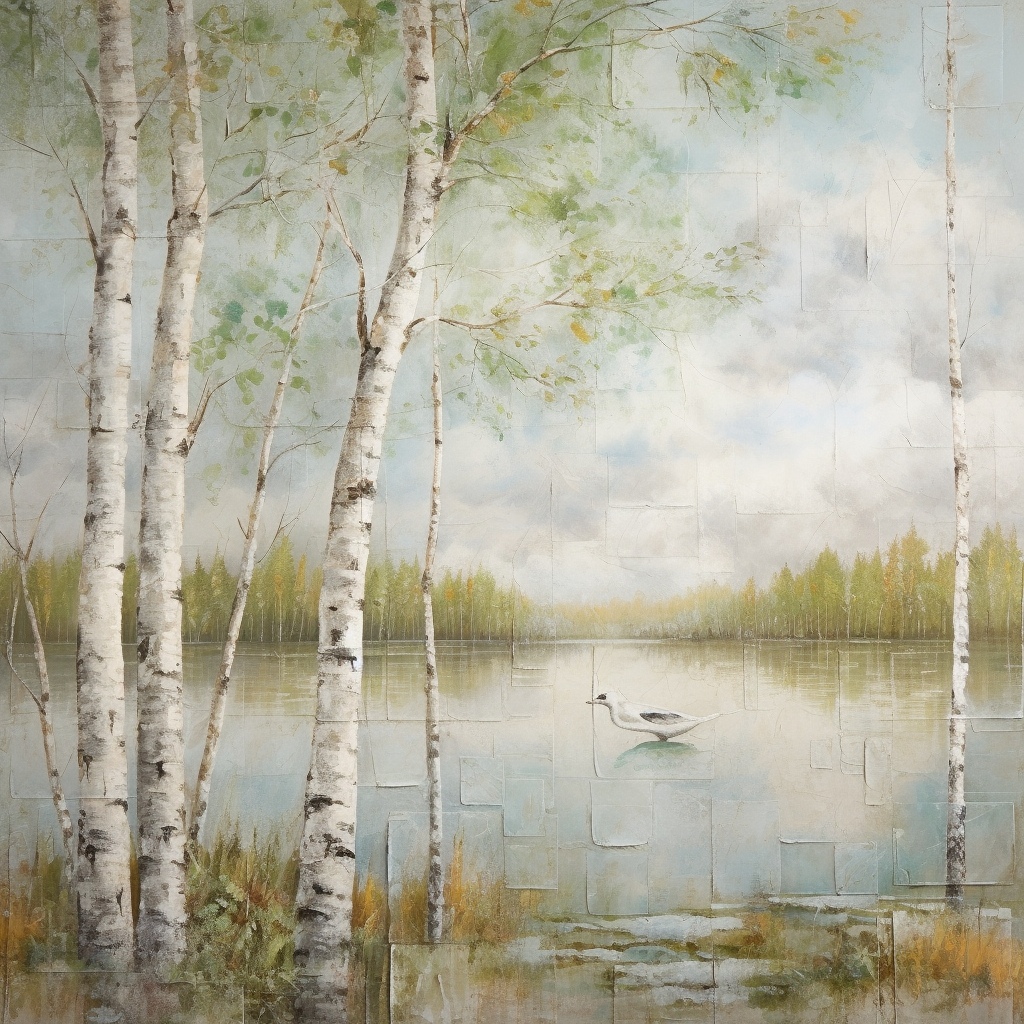 Birch tree painting with distressed, delicate nature details.