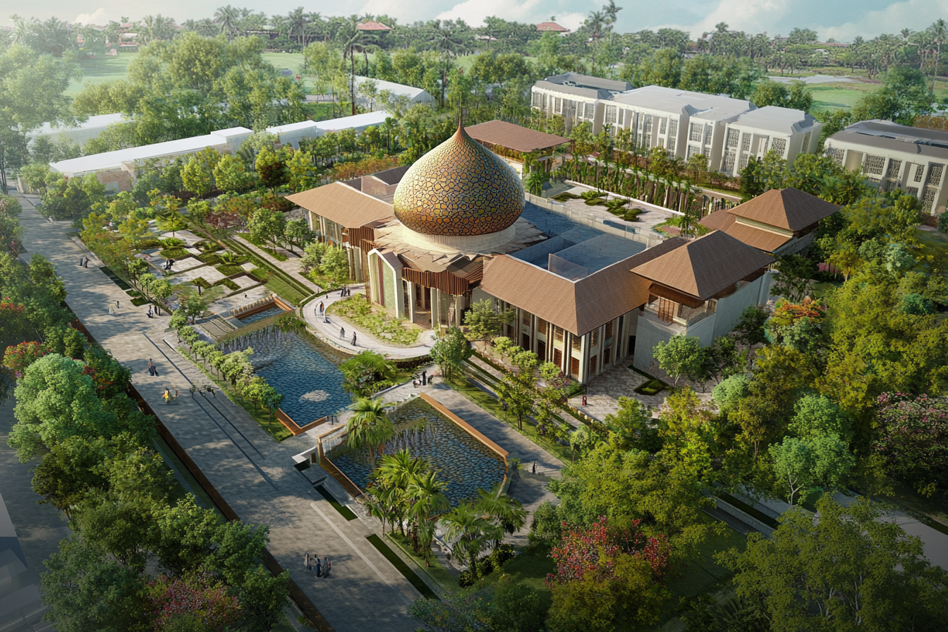 Bird's eye view of grand mosque with sustainable design.