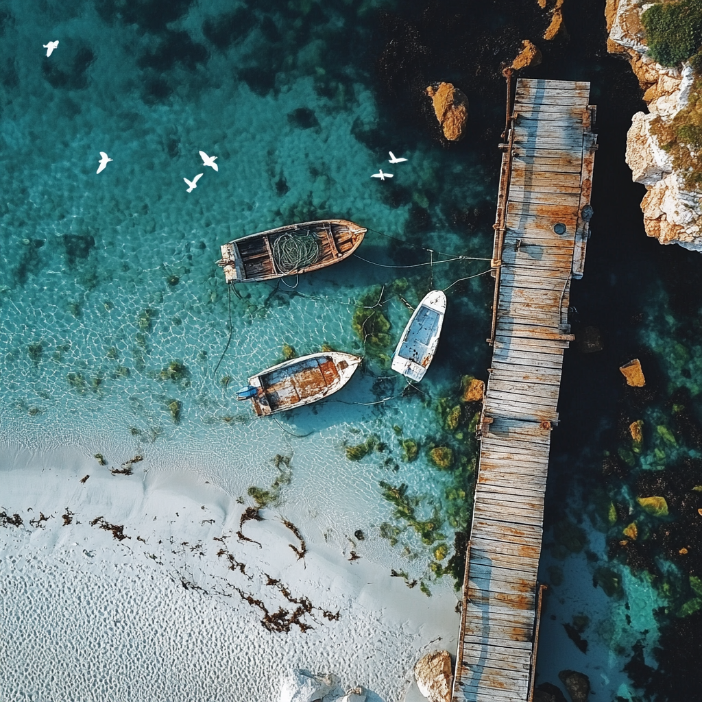 Bird's eye view of serene seashore with old pier.