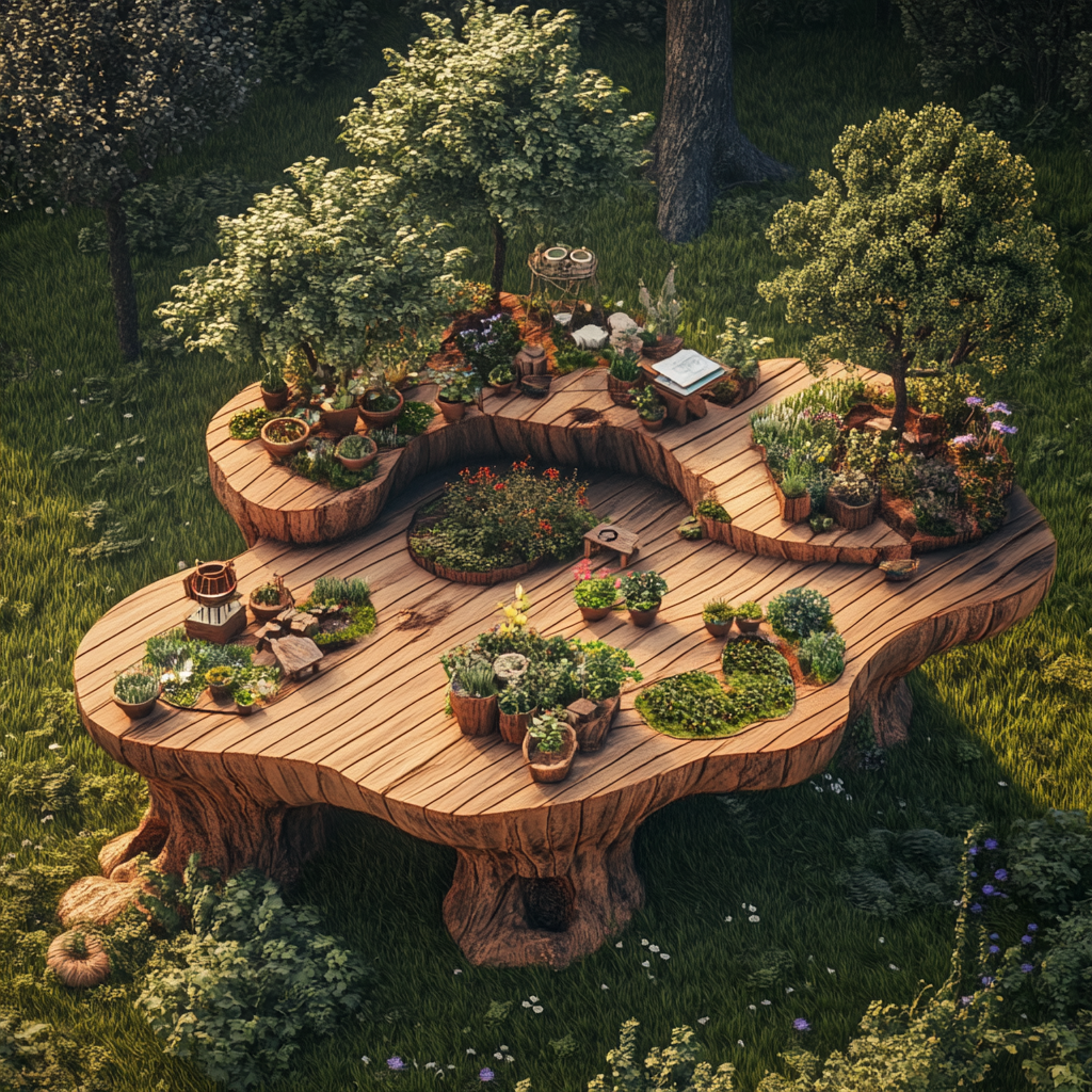 Bird-friendly garden platform with study area on grass