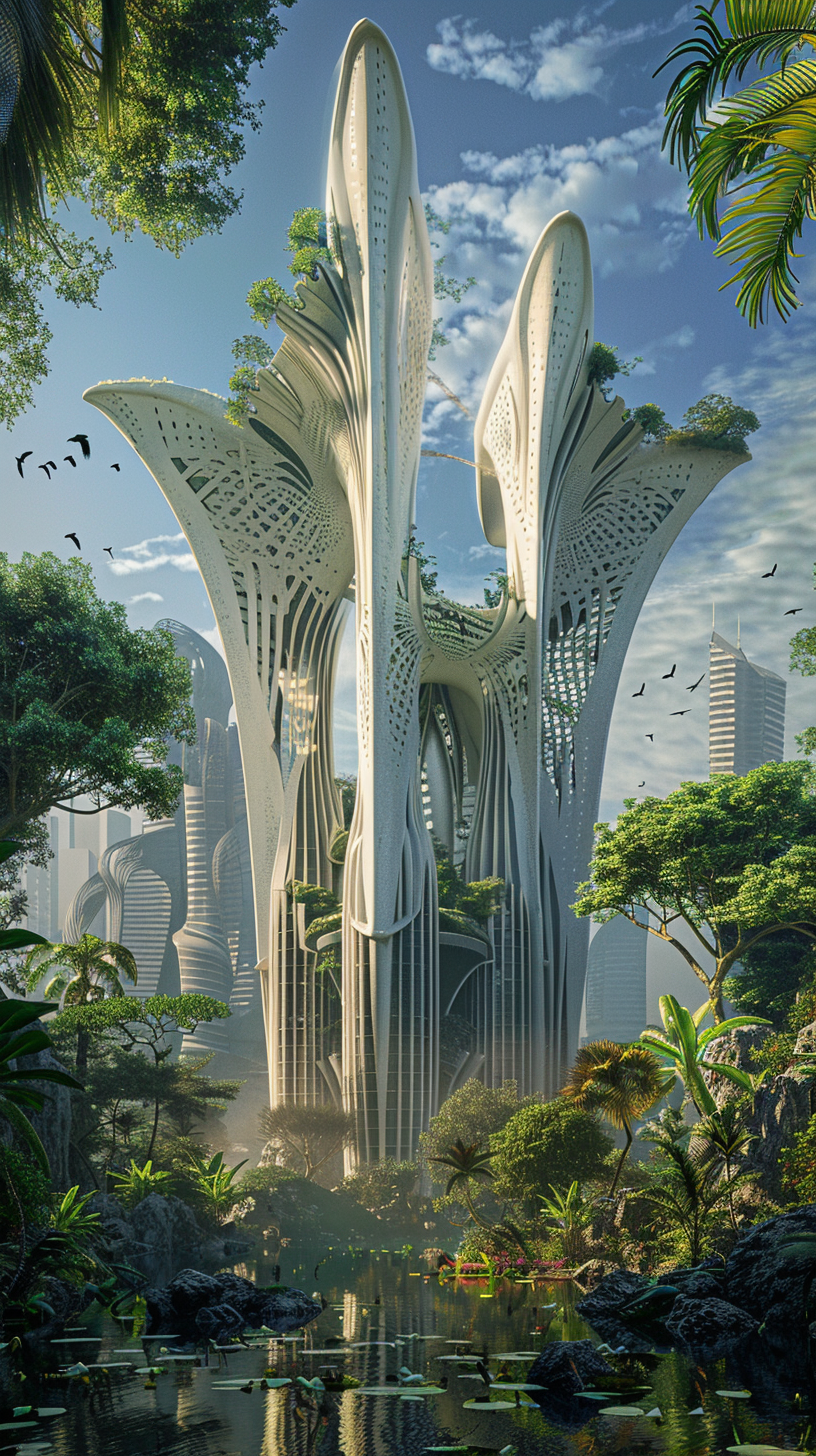 Bird-inspired fantasy building surrounded by lush vegetation, hyper realistic.