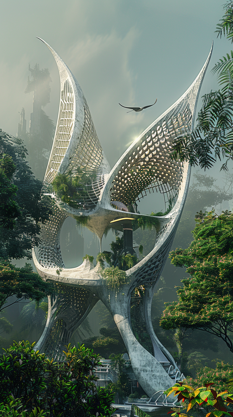 Bird-inspired futuristic building with lush vegetation, hyper realistic design.