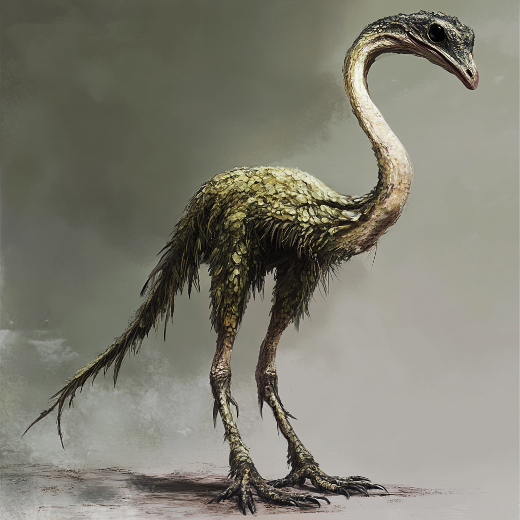 Bird-like creature with scales, ostrich shape, long neck.