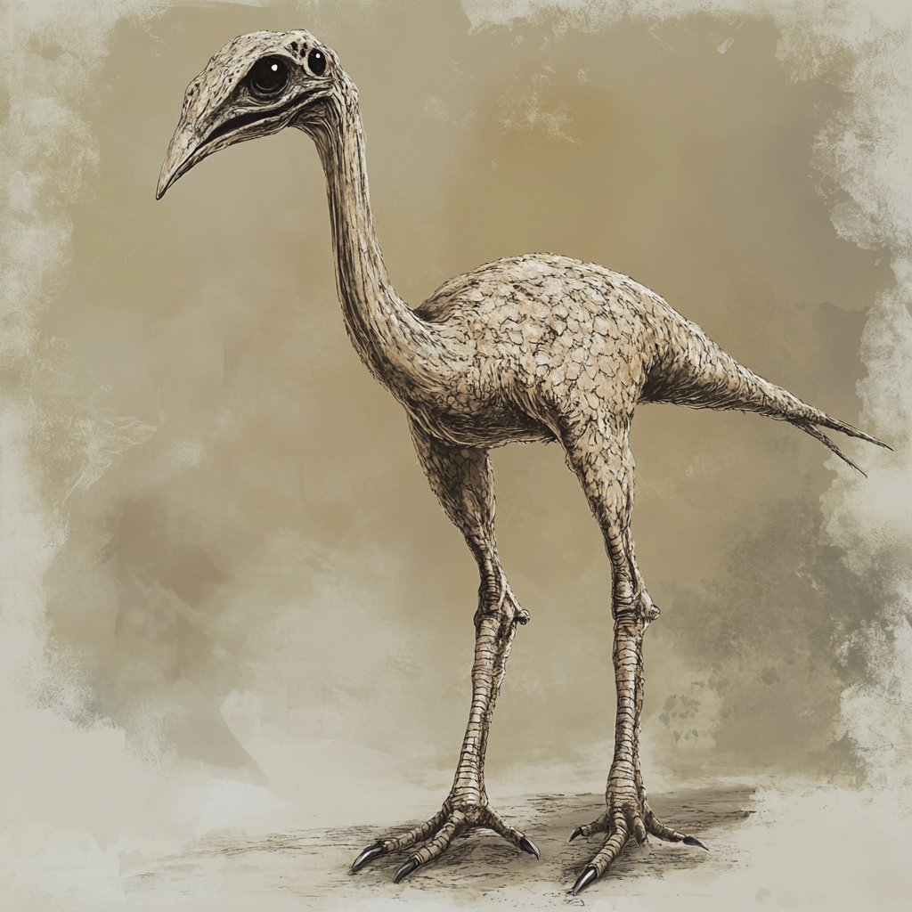 Bird-like creatures with scales, long neck, tail, beady eyes.