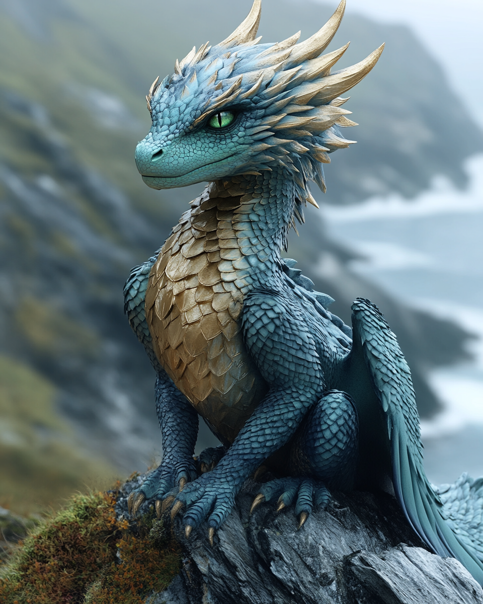 Bird-like dragon on cliff with green-gold scales and iridescent eyes.