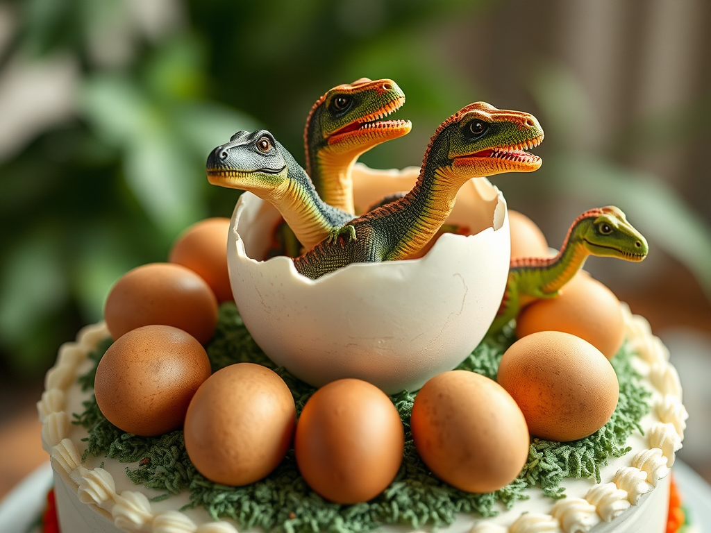 Birth of dinosaur from egg on birthday cake.