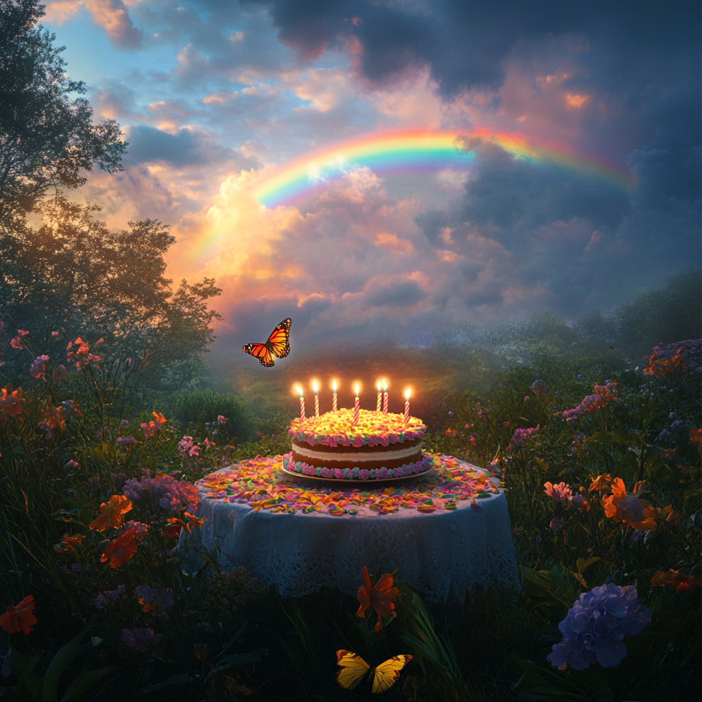 Birthday cake with candles. Rainbow in sky, flowers.