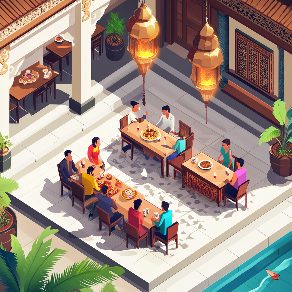 Birthday party in Bali restaurant, isometric city illustration