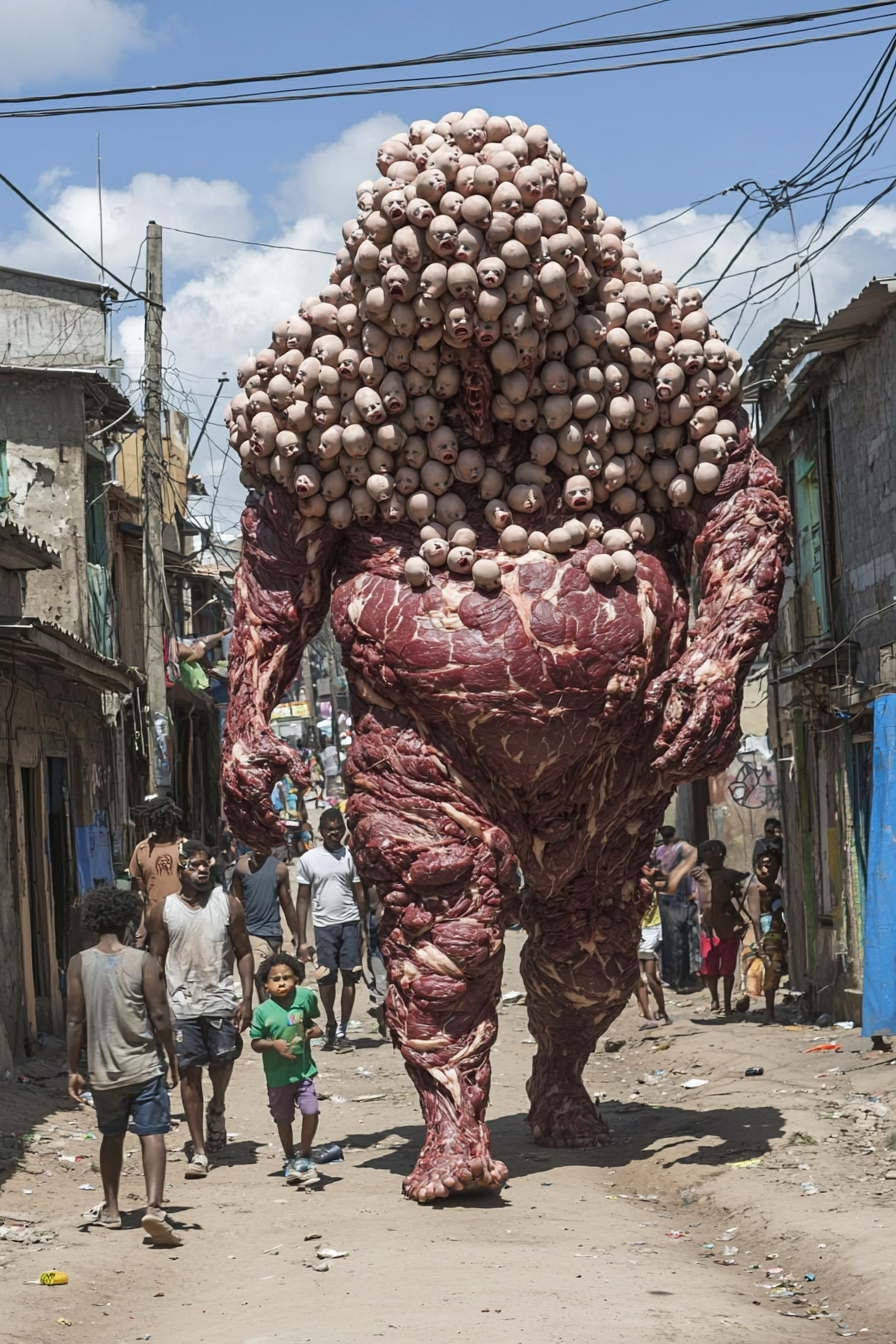 Bizarre Meat Man Covered in Baby Heads in Rio