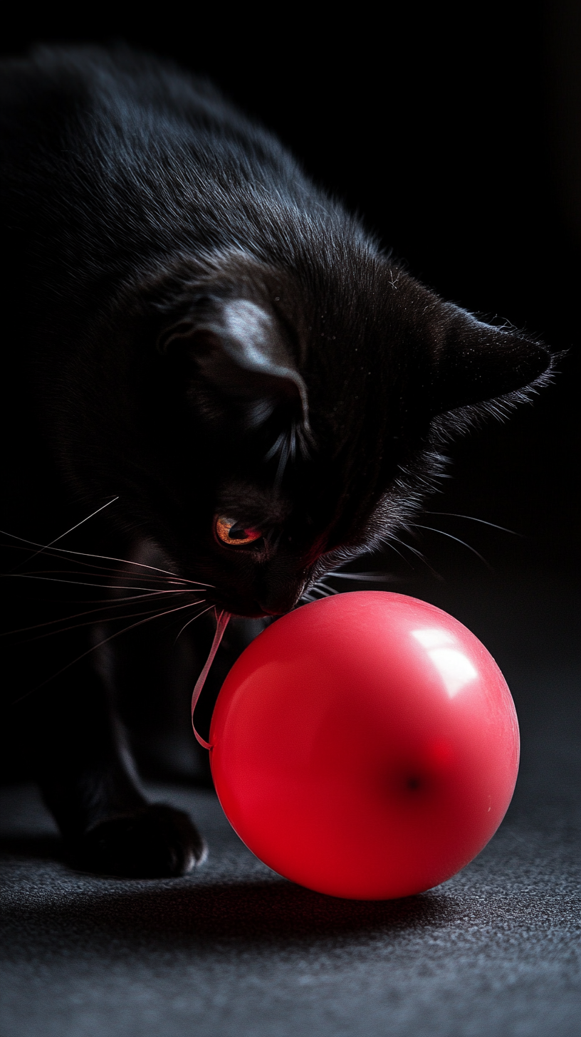 Black Cat Playing With Red Balloon In Dark Room