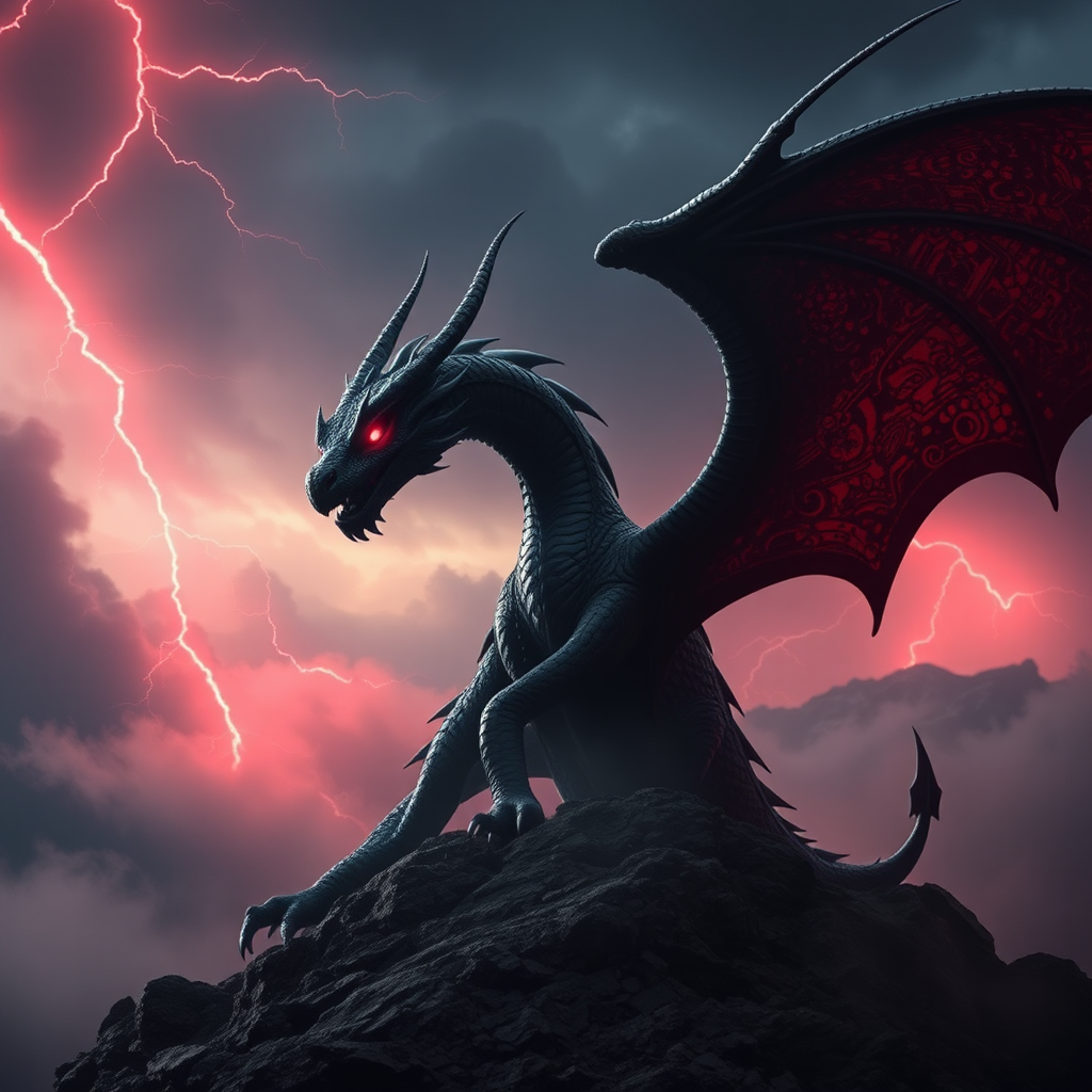 Black Dragon with Red Glowing Eyes in Stormy Sky