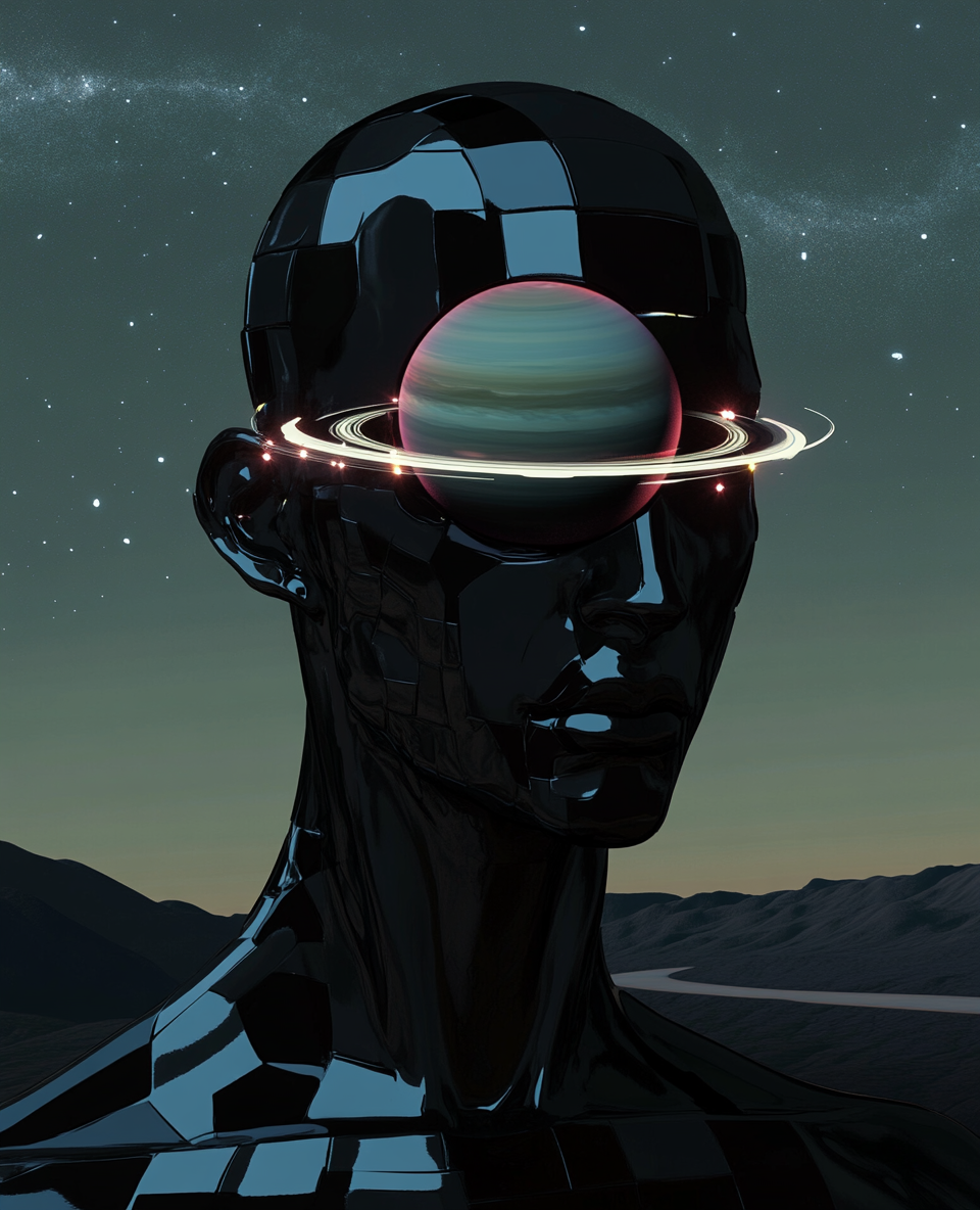 Black God with Saturn Eyes in Futuristic Landscape