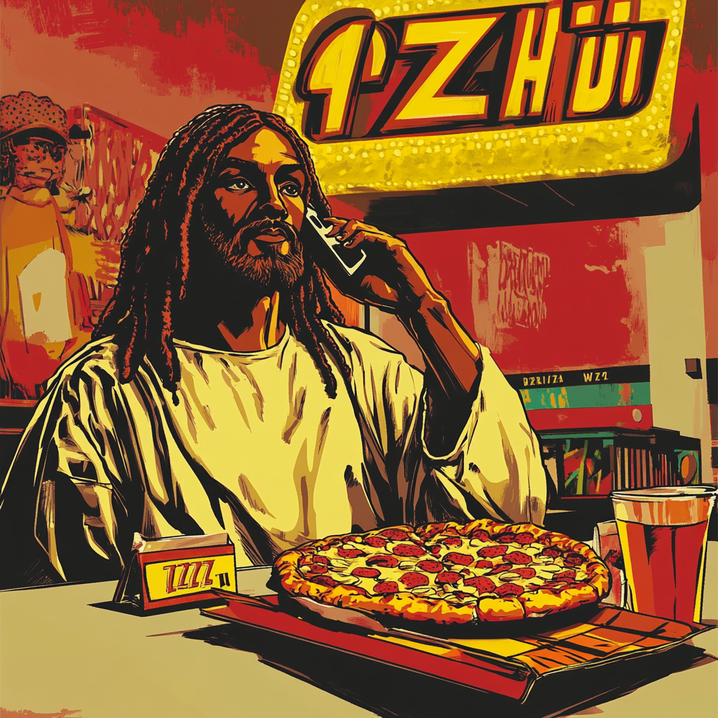 Black Jesus at Pizza Hut, enjoying a slice.